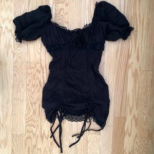 Black Ruched Lace Trim Mini Dress - Dolls Kill